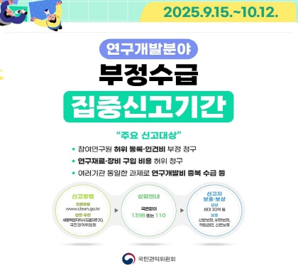 연구개발분야
 부정수급 집중신고기간
주요 신고대상
참여연구원 허위 등록 인건비 부정청구
연구재료 장비 구입 비용 허위청구
여러기관 동일한 과제로 연구개발비 중복 수급 등